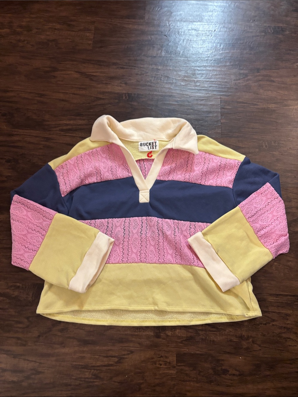 BUCKETLIST Pink Lace & Navy Colorblock Pullover with Pale Yellow Accent